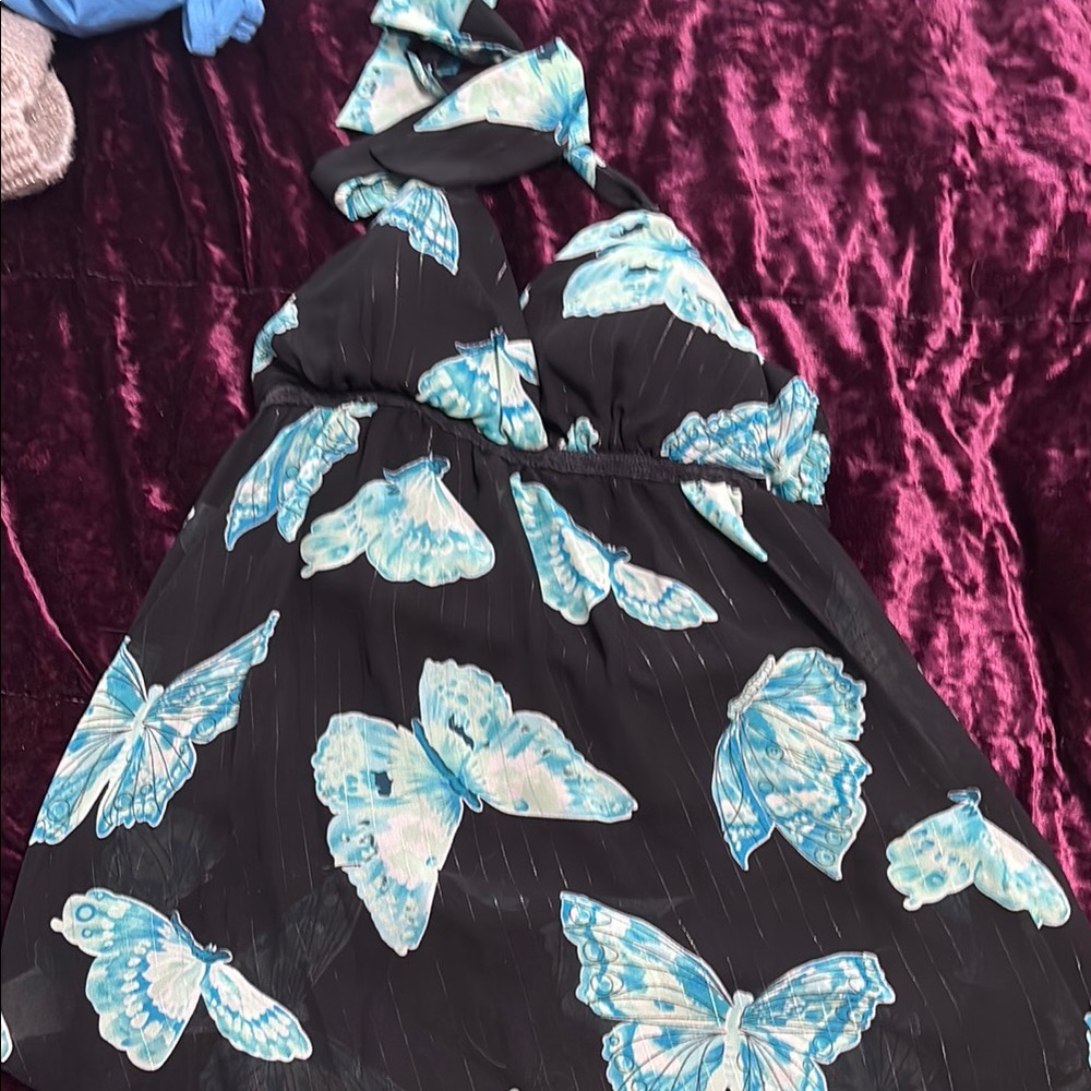 Black Dress with Blue Butterfly Print